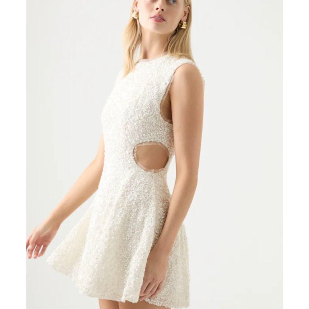 AJE Ivory Sequin Beaded Cutout Dress Coquette Disco Glam Mini SZ US 12/ AU 16